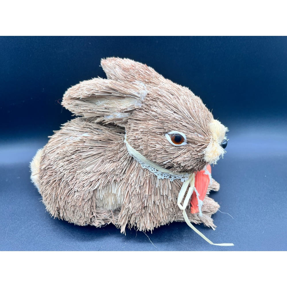 Rustic Sisal Straw Bunny Figurine Easter Decor Brown Rabbit Carrot Lace 6"x9"